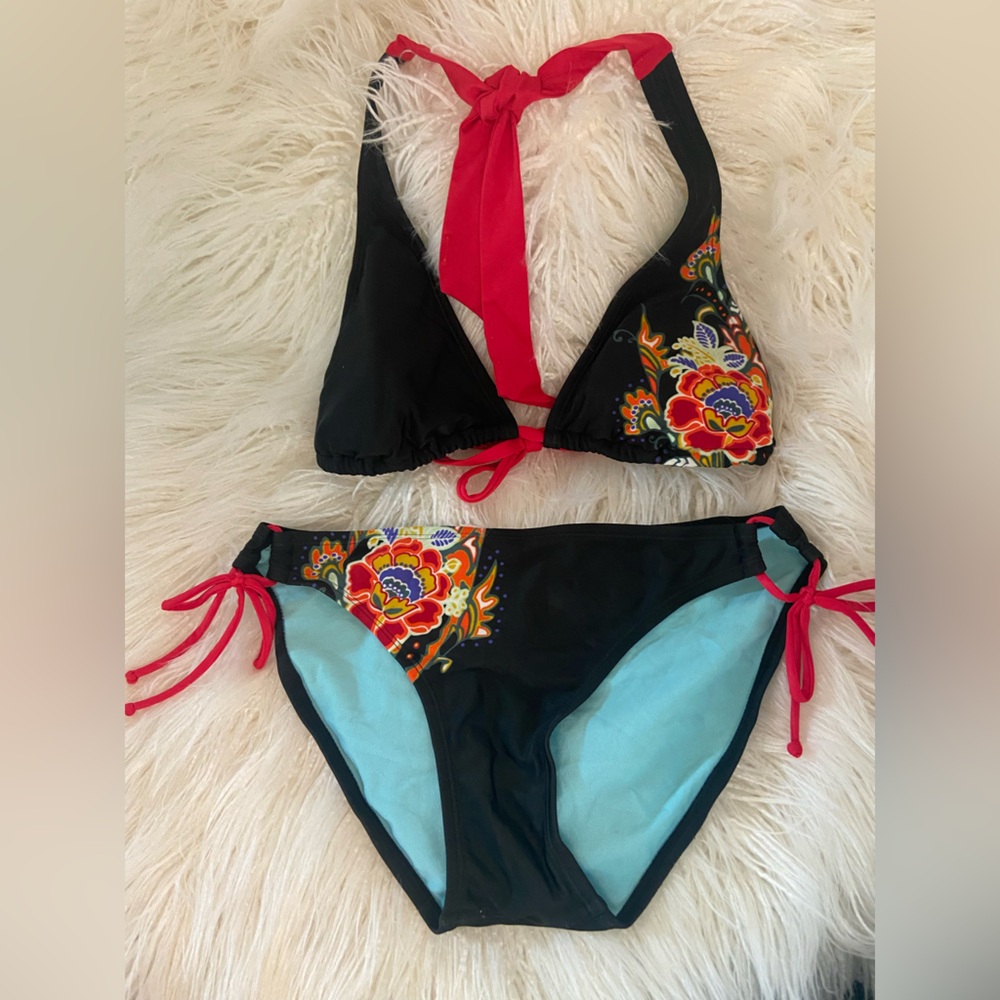 Athleta Black and Red Floral Bikini